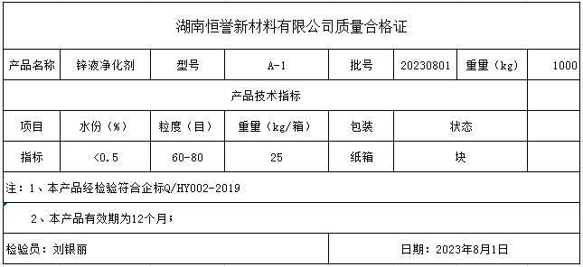 鋅液凈化劑質(zhì)檢單